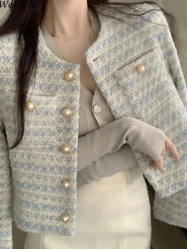 Striped Tweed Jackets for Women Hoodie Zip-Up Jacket Button-Up Jacket