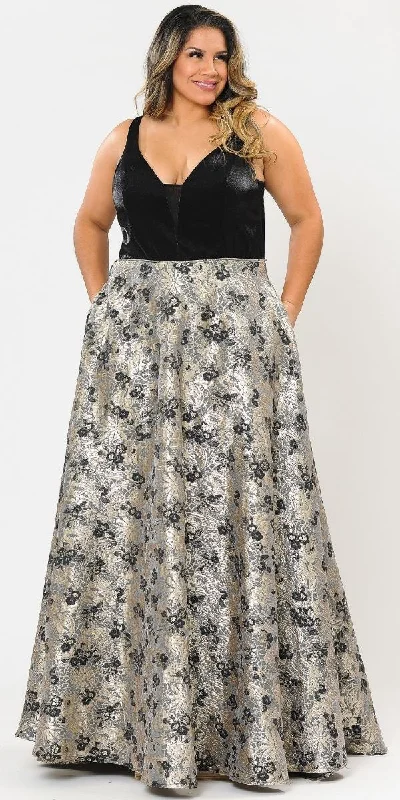 Lindas W1012 Floor Length Plus Size Ball Gown Black Satin Top Print A-Line Skirt pleated skirt texture Lindas W1012 Floor Length Plus Size Ball Gown Black Satin Top Print A-Line Skirt pleated skirt texture