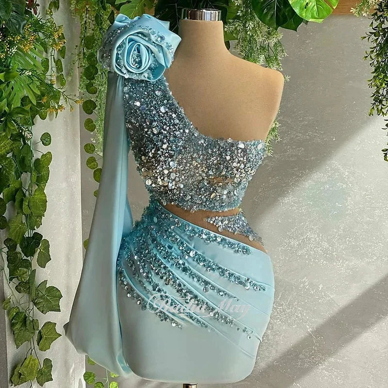 Blue One Shoulder Mini Cocktail Party Dresses Sexy Beaded 3D Flower Short Prom Dress for Black Girls RM006 Tunics Winter warm
