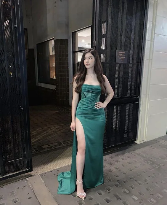Green Strapless Sheath Satin Long Formal Party Dress, DP3759 Tunics Top rated