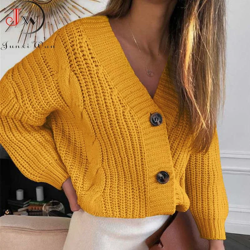 Women Short Cardigan Knitted Sweater Autumn Winter Long Sleeve V neck Jumper Cardigans Casual Streetwear Fashion Pull Femme Coat Neon metallic Matte