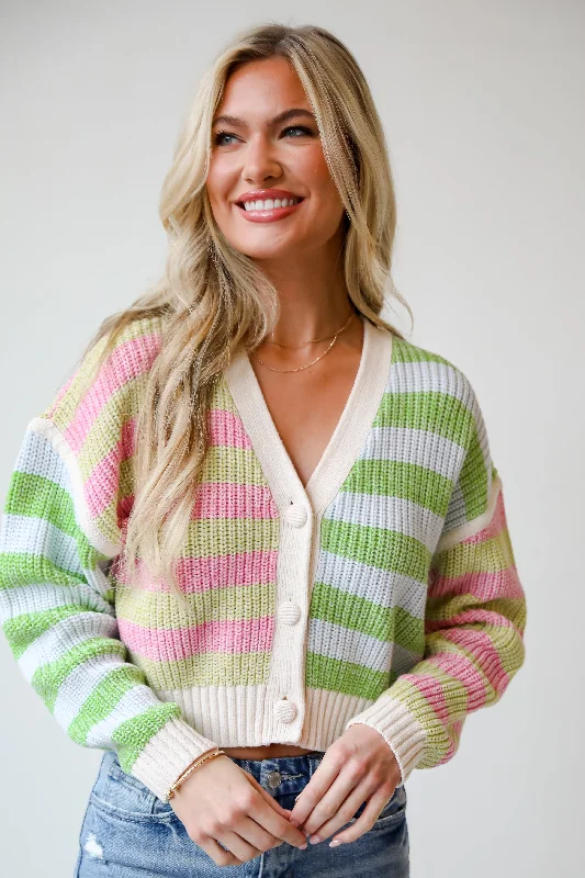 FINAL SALE - Remarkably Cute Striped Color Block Knit Cardigan Fitted Slim Tailored