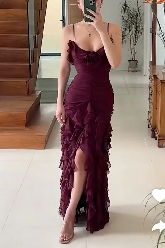 Elegant Spaghetti Straps Ruffles Long Formal Party Dress, DP3641 A-Line Day Work