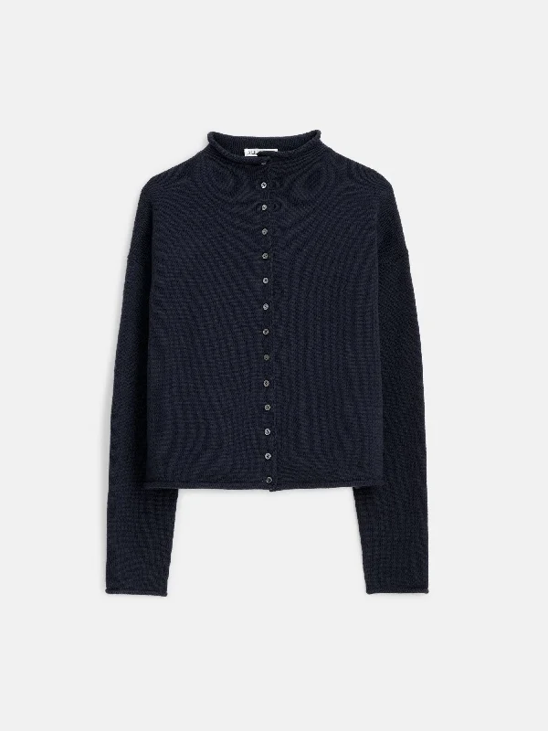 Taylor Rollneck Cardigan in Cotton Cashmere Herringbone Houndstooth Plaid