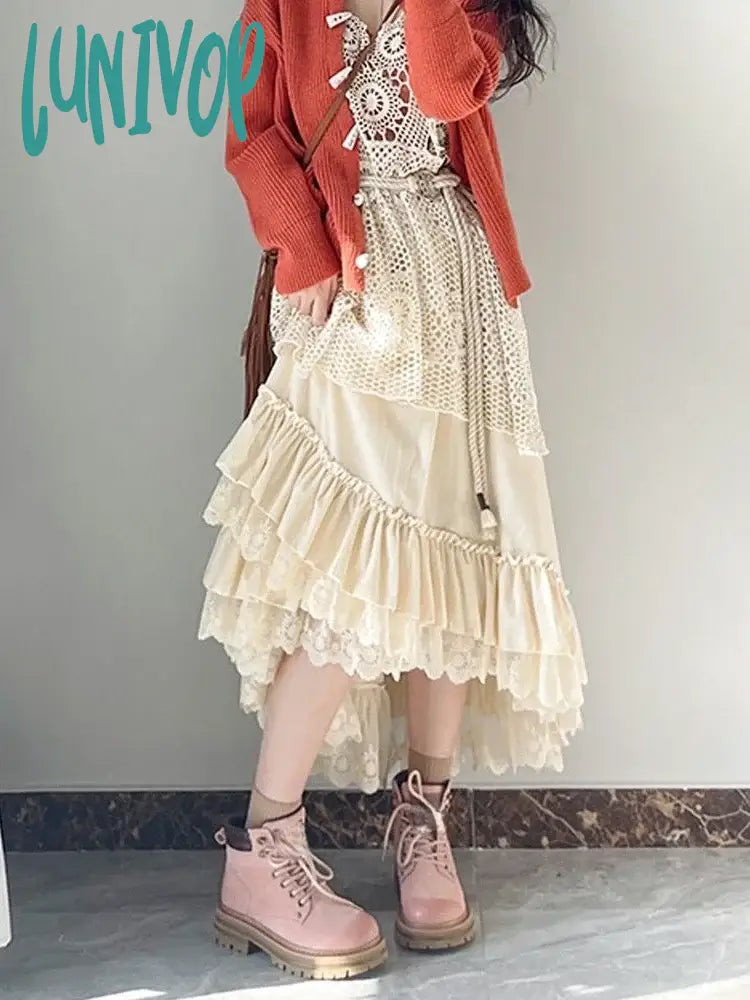 Lunivop Lace Velvet Vintage France Skirts Women Irregular Casual Elegant Party Midi Skirt Female Cottagecore Retro Skirt Autumn Boho New denim skirt classic