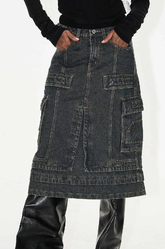 Metal Patch Distressed Denim Cargo Skirt lace skirt elegant