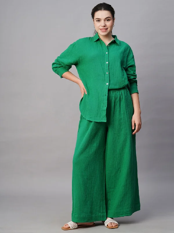 Women's Green Cotton Regular Fit Pant Stylish Elastic Waist Pants