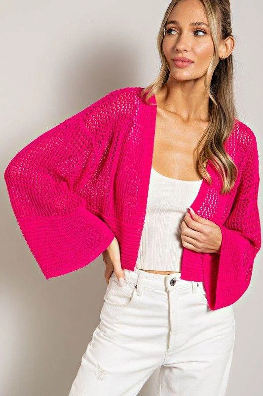 Eyelet Knit Cardigan Glossy Satin Silk