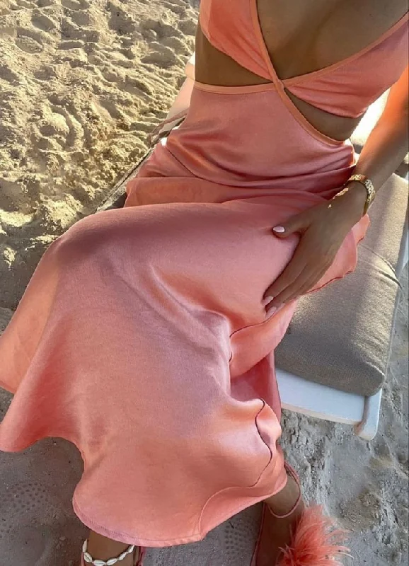 Coral Pink Spaghetti Straps Sheath Satin Long Party Dress, DP3995 Tunics Top Casual