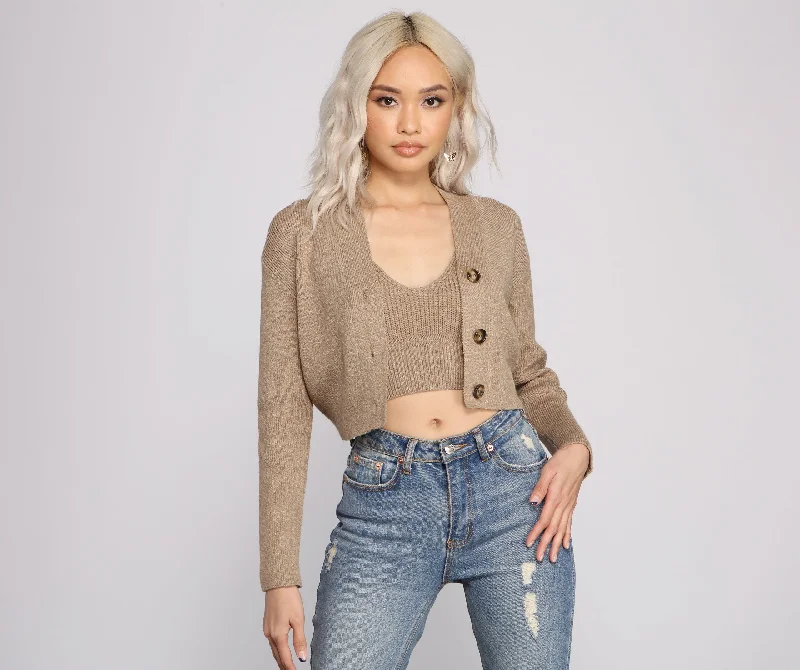 Casually Chic Cropped Knit Cardigan Solid Print Embellished