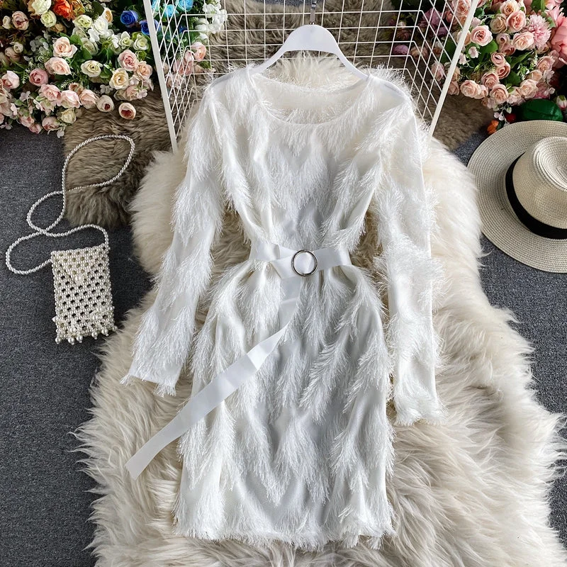 Round neck fluffy long sleeve Hip Wrap A-line skirt  2880 cashmere skirt fine