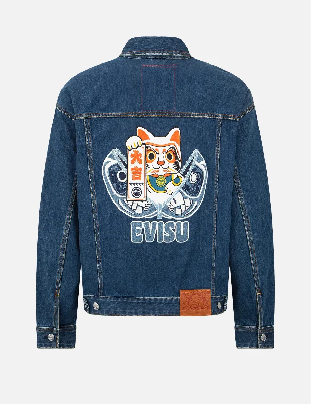 Zip-up Daruma and Fortune Cat Appliqué Denim Jacket Faux Fur Jacket Real Fur Jacket Shearling Jacket