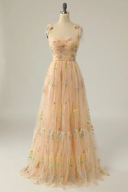 Floral Embroidery Tying Straps Pleated Long Party Dress Tunics Chic elegant