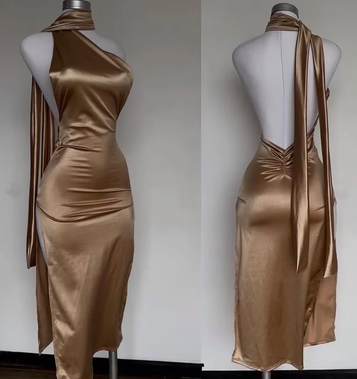 Charming Gold Halter Sheath Satin Midi Length Evening Party Dress DP3938 Tunics Versatile stylish Charming Gold Halter Sheath Satin Midi Length Evening Party Dress DP3938 Tunics Versatile stylish