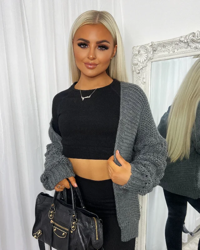 Jamie Short Bubble Sleeve Cardigan - Charcoal Crew Neck V-Neck Turtle Neck