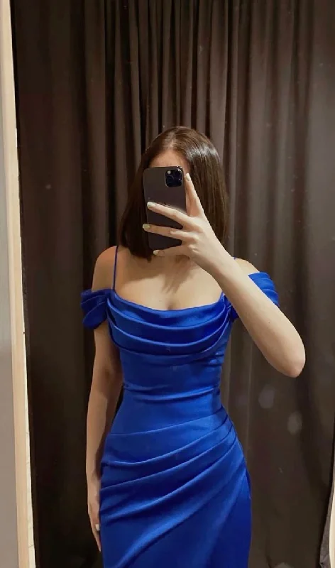 Royal Blue Straps Off Shoulder Satin Sheath Long Party Dress, DP3822 Tunics Chic elegant Royal Blue Straps Off Shoulder Satin Sheath Long Party Dress, DP3822 Tunics Chic elegant