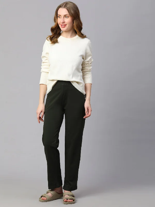 Women's Green Cotton Elastane Regular Fit Knit Pant Slim-Fit Khaki Pants