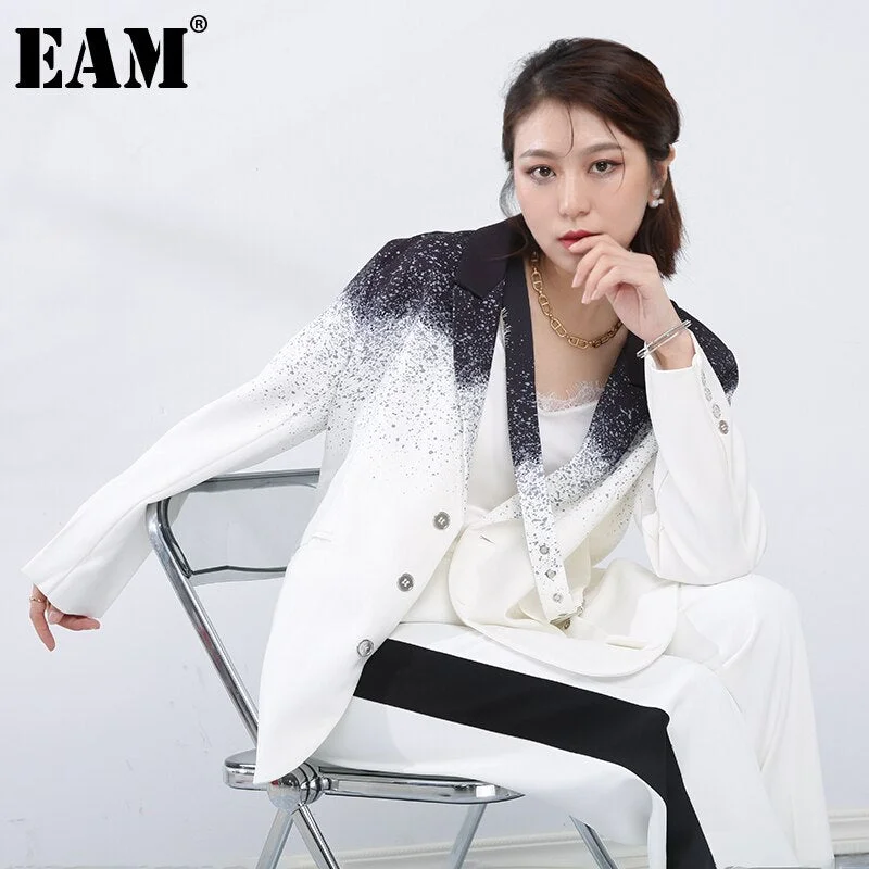 [EAM]  Women Casual Gradient White Belt Blazer Lapel Long Sleeve Loose Fit Jacket Tide Spring Autumn 2022 1DD878800 Welt Pockets Slit Pockets Flap Pockets