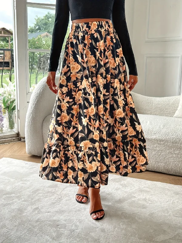 Floral Elastic Waist Midi Skirt mini skirt trendy