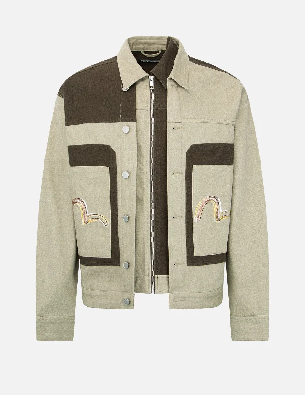 Brush Effect Seagull Print Colorblock Denim Jacket Front Pockets Side Pockets Patch Pockets Brush Effect Seagull Print Colorblock Denim Jacket Front Pockets Side Pockets Patch Pockets