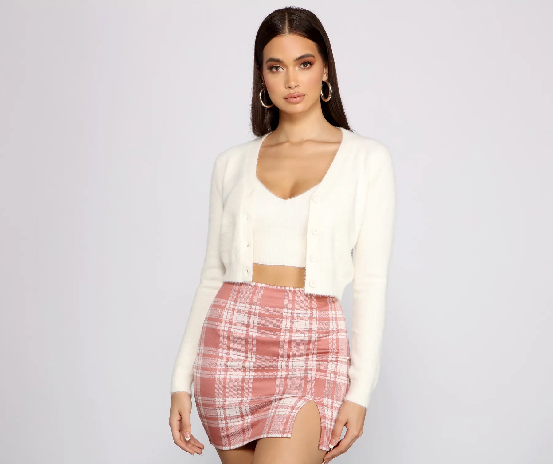 Chic Trendsetter Cropped Cardigan Houndstooth Herringbone Solid