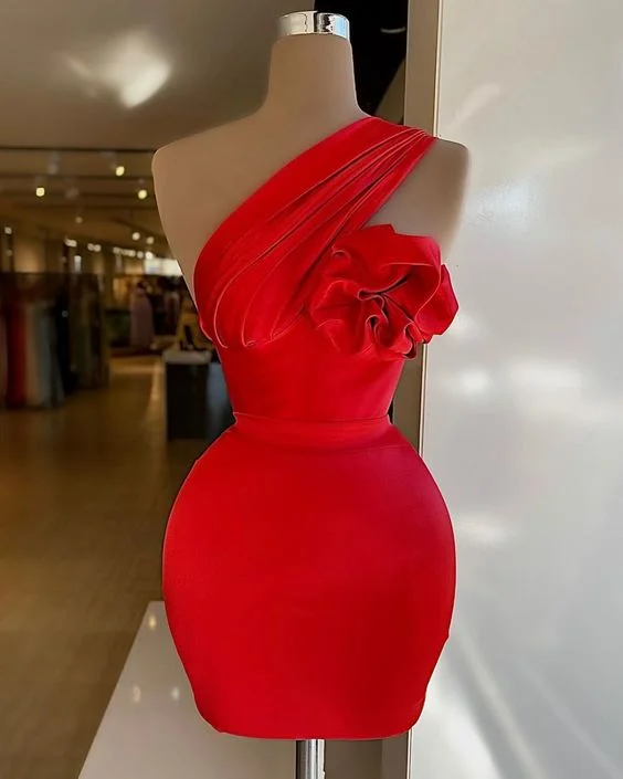 One shoulder red elastic satin homecoming dress sexy party dress c3358 Tunics Timeless classic
