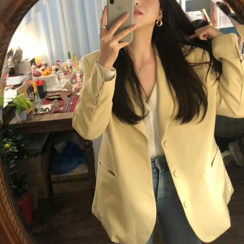 Women Spring Casual Long Blazers Jackets Coat Notched Collar Yellow Chaqueta Mujer Pocket Outerwear Loose Plus Size Nylon Fabric Polyester Fabric Spandex Fabric Women Spring Casual Long Blazers Jackets Coat Notched Collar Yellow Chaqueta Mujer Pocket Outerwear Loose Plus Size Nylon Fabric Polyester Fabric Spandex Fabric