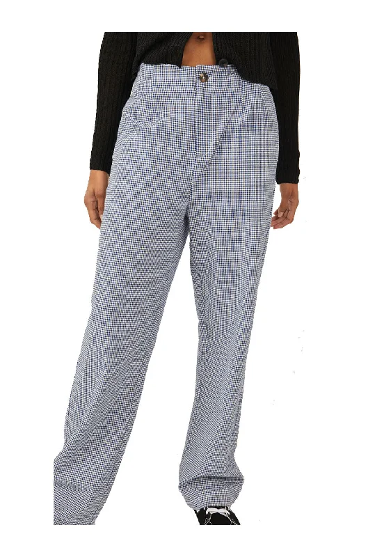 Free People Kate Plaid Straight Leg Pants In Navy & White Comfy High-Waist Jeans
