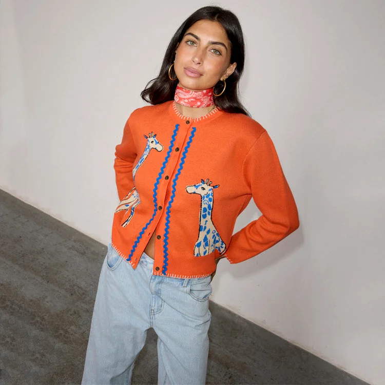 Giraffe Knit Cardigan Crew Neck V-Neck Turtle Neck