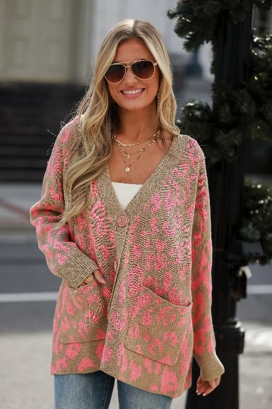 FINAL SALE - Fierce Darling Pink Leopard Sweater Cardigan Ribbed Striped Patterned