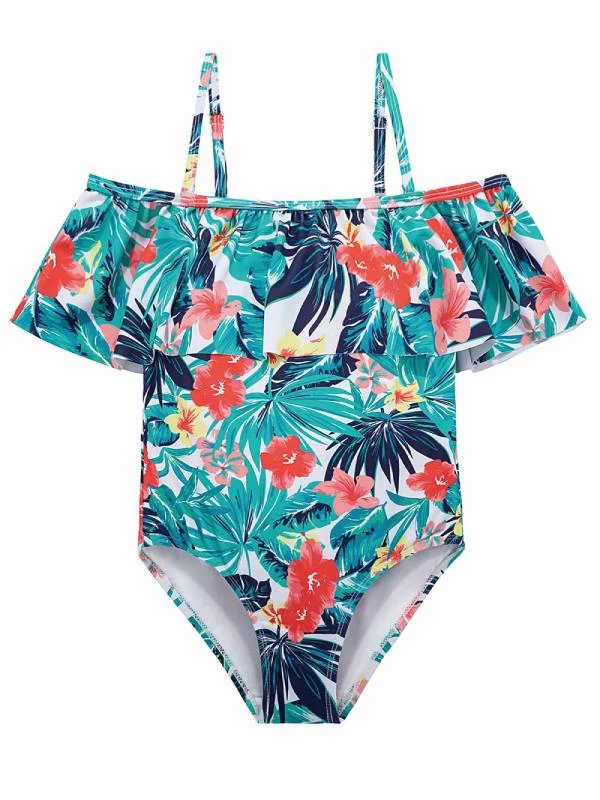 Girls One Piece Floral Swimwear Hawaiian Ruffle Swimsuit Strappy Back Bikini