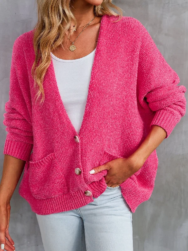 Blush Rose V-Neck Cardigan with Front Pockets Houndstooth Herringbone Solid