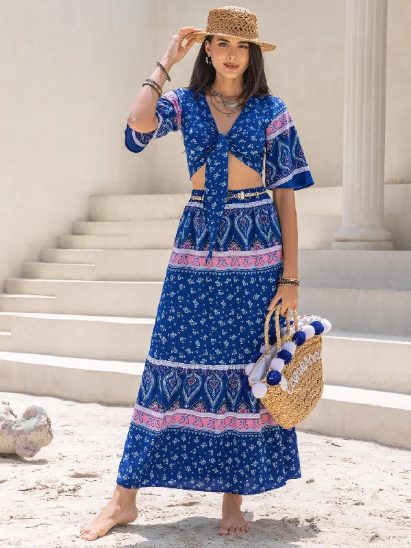 Printed Flutter Sleeve Top and Skirt Set asymmetrical skirt cut