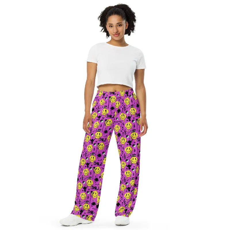 Smile Splatter Wide Leg Pants Comfortable Pleated Pants