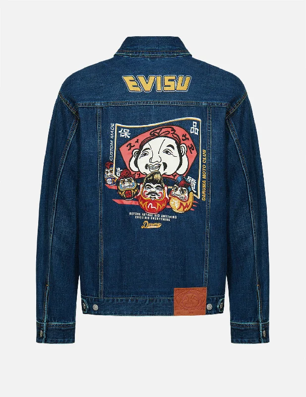 Godhead Flag and Daruma Embroidered Denim Jacket Notch Collar Peter Pan Collar Cowl Neck Godhead Flag and Daruma Embroidered Denim Jacket Notch Collar Peter Pan Collar Cowl Neck