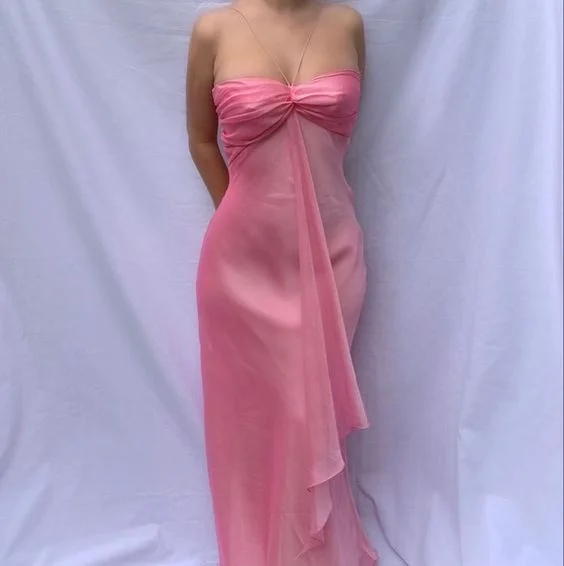 Pink Halter Ruffles Sheath Chiffon Vintage Long Party Dress, DP3658 Tunics Stylish elegant Pink Halter Ruffles Sheath Chiffon Vintage Long Party Dress, DP3658 Tunics Stylish elegant