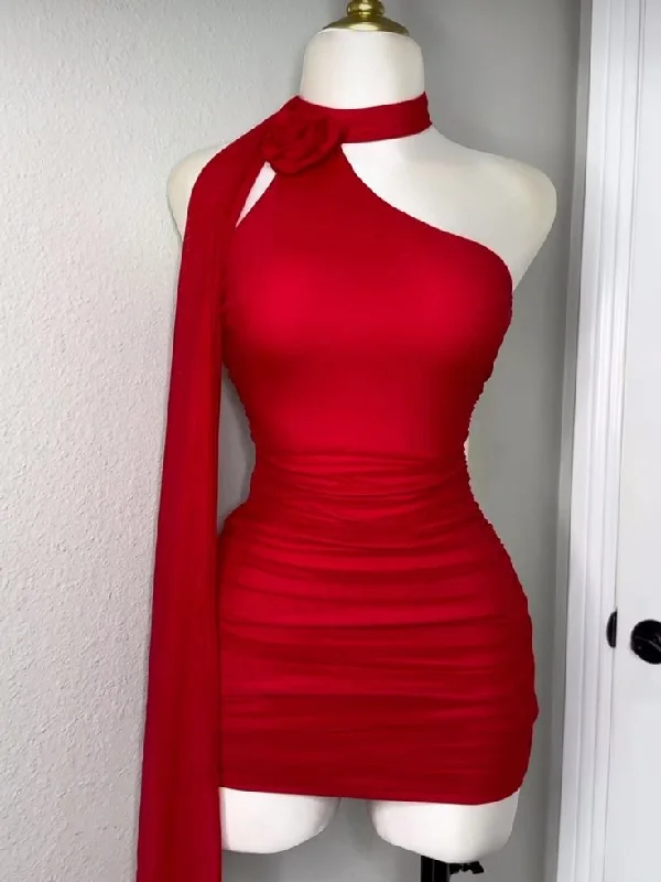 Charming Red Halter Satin Short Evening Party Dress, DP4018 Sequined Elegant Party