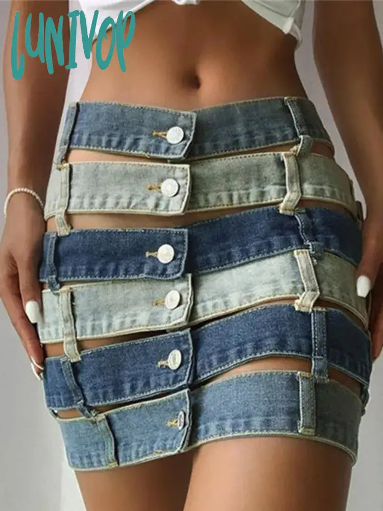 Lunivop Denim Colorblock Skirt for Women High Waist Hollow Out Patchwork Pockets Skirts Female Summer Fashion Club Clothing Gothic leather skirt bold Lunivop Denim Colorblock Skirt for Women High Waist Hollow Out Patchwork Pockets Skirts Female Summer Fashion Club Clothing Gothic leather skirt bold