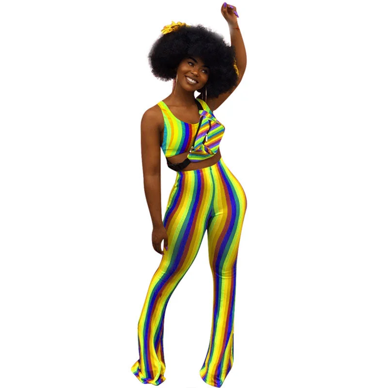 Dew Shoulder Striped Multi Two-piece Pants Set #Sleeveless #Two Piece #Striped Casual Skinny Fit Pants Dew Shoulder Striped Multi Two-piece Pants Set #Sleeveless #Two Piece #Striped Casual Skinny Fit Pants