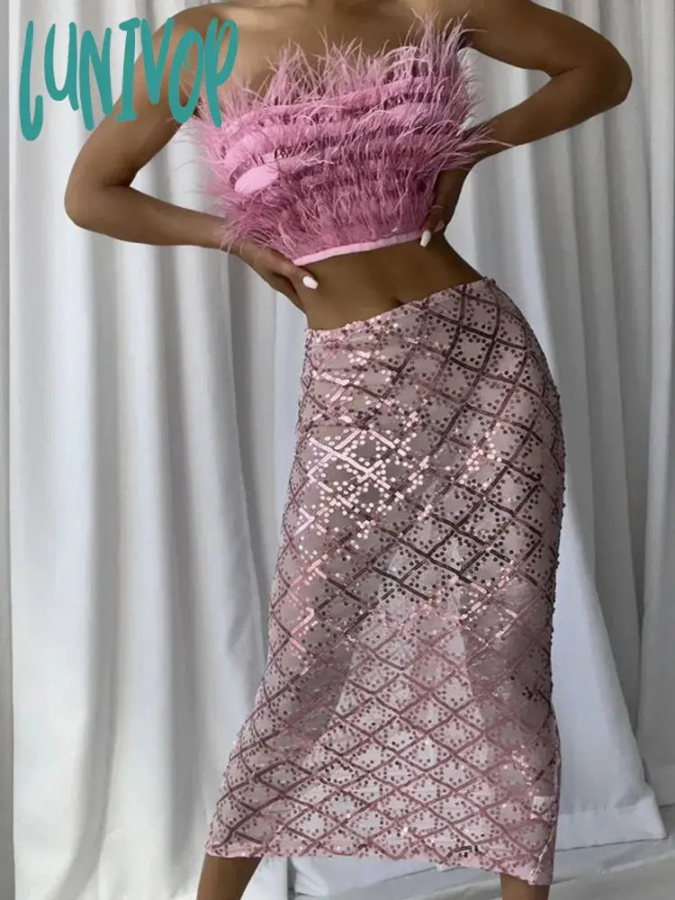 Lunivop Luxury Women Summer Sexy Strapless Backless Feather Pink Mesh Sequins Bodycon Skirt Set Elegant Evening Club Party Outfits wool skirt breathable Lunivop Luxury Women Summer Sexy Strapless Backless Feather Pink Mesh Sequins Bodycon Skirt Set Elegant Evening Club Party Outfits wool skirt breathable
