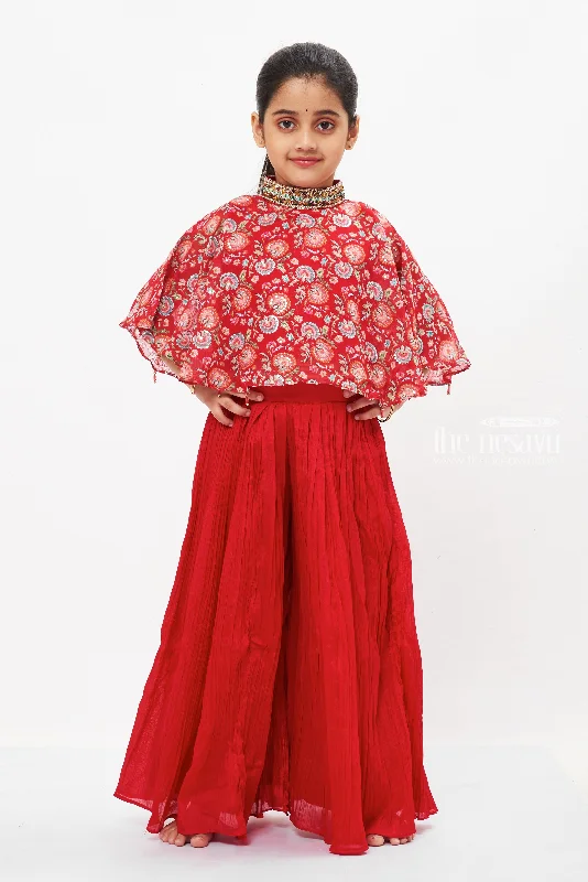 Radiant Red Designer Top with Palazzo Pants Set for Girls - A Festive Fusion Slim-Fit Leggings