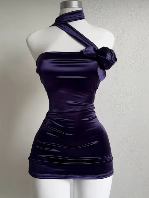 Charming Dark Purple Halter Satin Short Evening Party Dress, DP4017 Glittery Long Formal