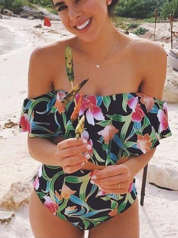 Strapless High Waist Floral Printed Off-the-shoulder Ruffled Swimsuit-3 Retro Swimwear Style