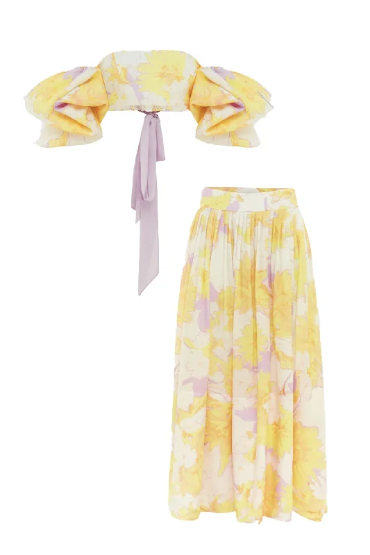 Simone Puff Top & Elina Pleated Midi Skirt Jasmine Print in Sun by Leo Lin chiffon skirt flowing Simone Puff Top & Elina Pleated Midi Skirt Jasmine Print in Sun by Leo Lin chiffon skirt flowing