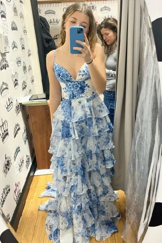 Blue Floral Printed Straps A-Line Layers Long Formal Party Dress, DP3770 Tunics Winter warm Blue Floral Printed Straps A-Line Layers Long Formal Party Dress, DP3770 Tunics Winter warm