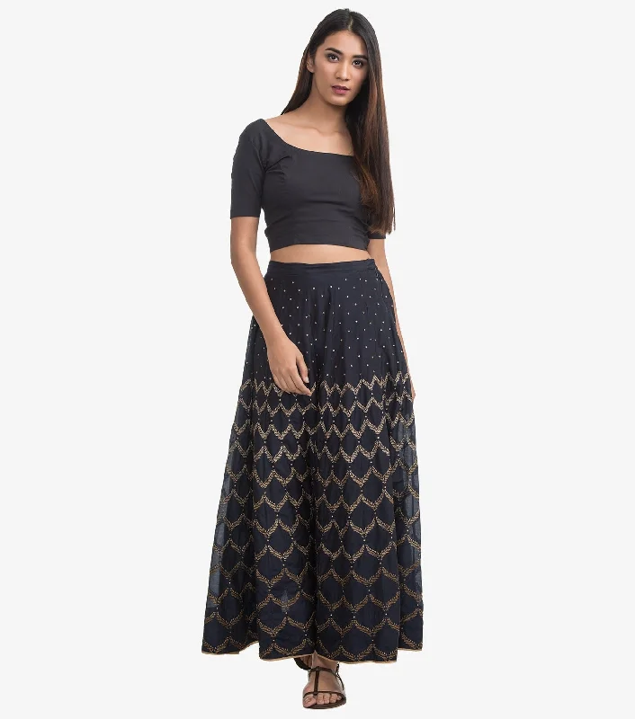 Black Embroidered Silk Skirt leather skirt modern