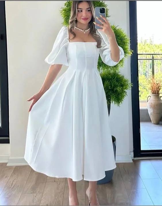 Simple White Square Neckline A-line Party Dress  cc1249 Square Neckline Feminine