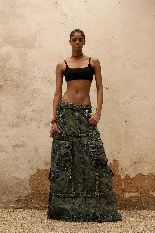 Modular Denim Midi Skirt belted skirt waist