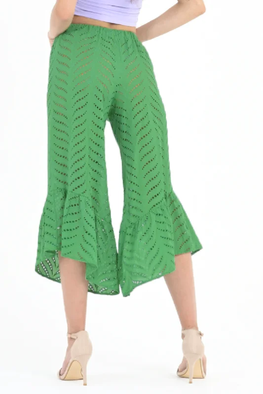 Green Eyelet Embroidery Capri Pants High-Waist Yoga Pants