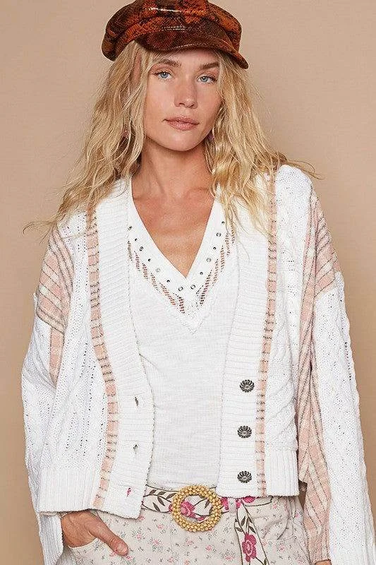 POL Cable-Knit Plaid V-Neck Button Up Cardigan In White Spandex Rayon Corduroy